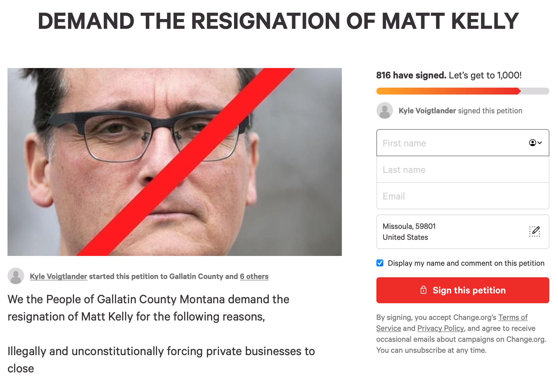 800+ Signatures Demand Resignation of Gallatin County Health Officer Matt Kelley