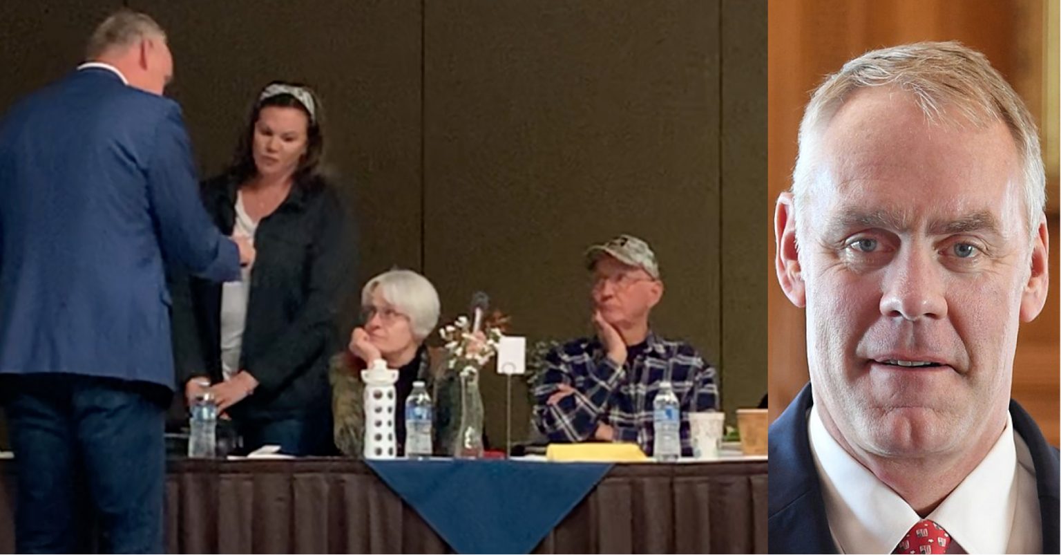 Ryan Zinke instructs Flathead Liberty Coalition member Lauralee O'Neil not to question loyalty, oath of office after questions about voting record.