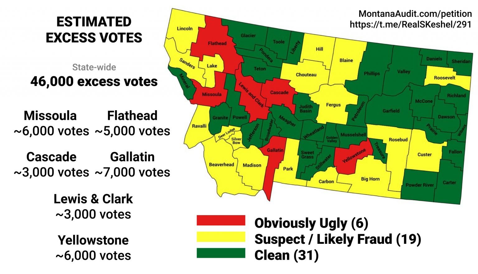 Election data analyst Seth Keshel's map of potential election fraud with estimated excess votes.