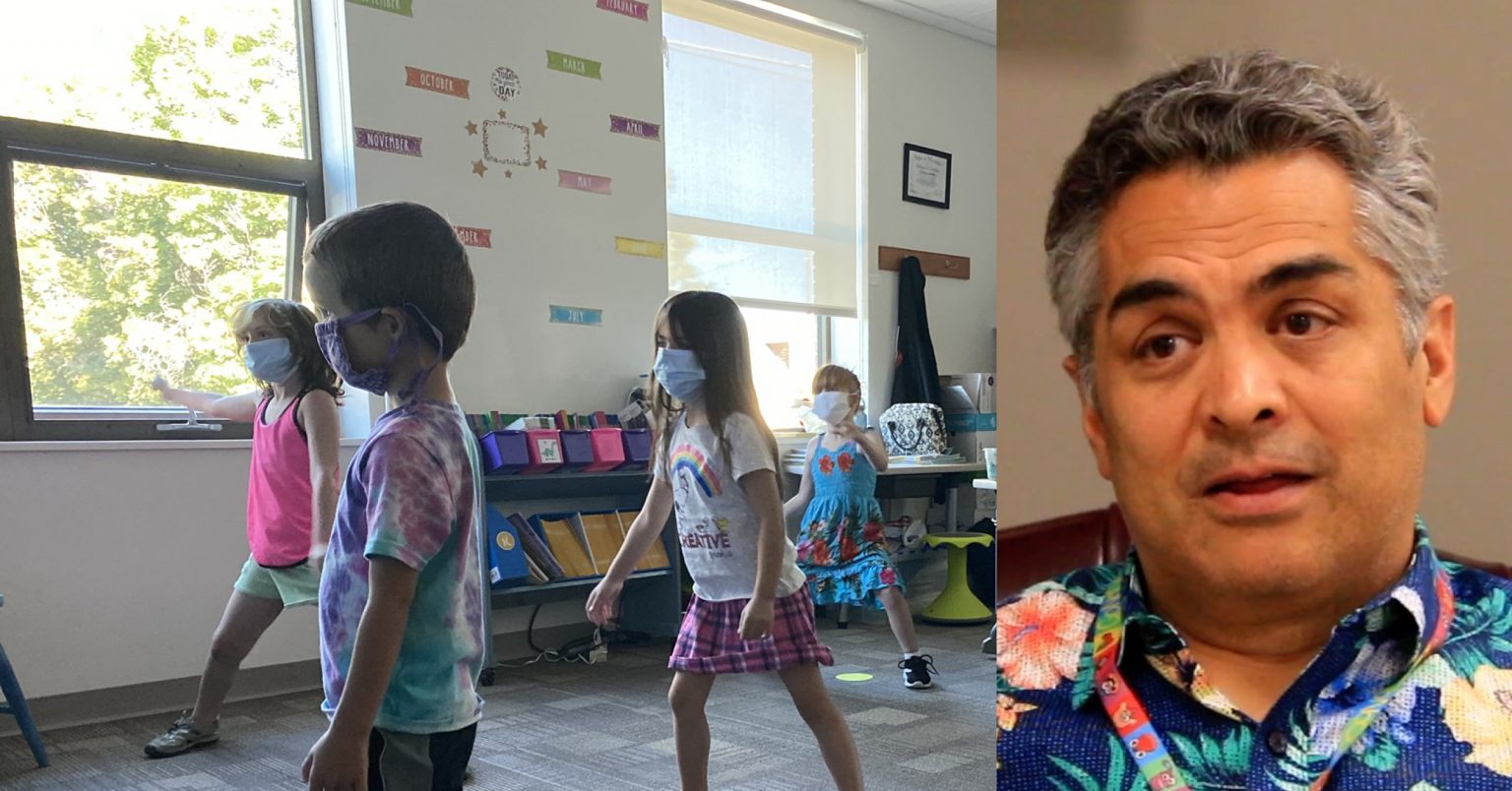 Missoula County Public School students (left) practice social distancing last August. Almost a year later Superintendent Rob Watson (right) plans to mandate masks again.