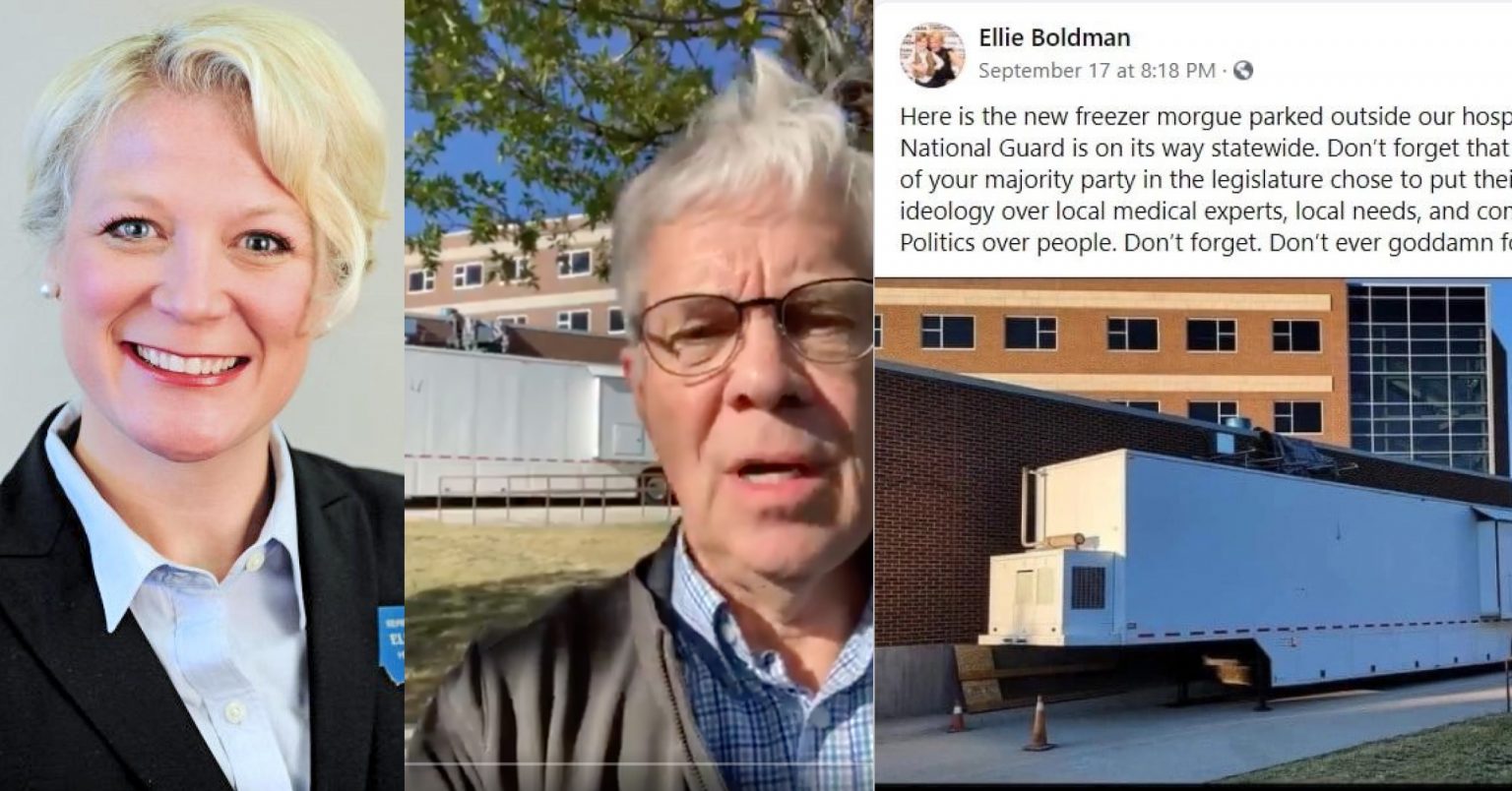 Montana Senator Ellie Boldman Hill (left), former Lt. Governor Mike Cooney (center), Boldman's Facebook post (right) spreads misinformation about mobile "freezer morgue"