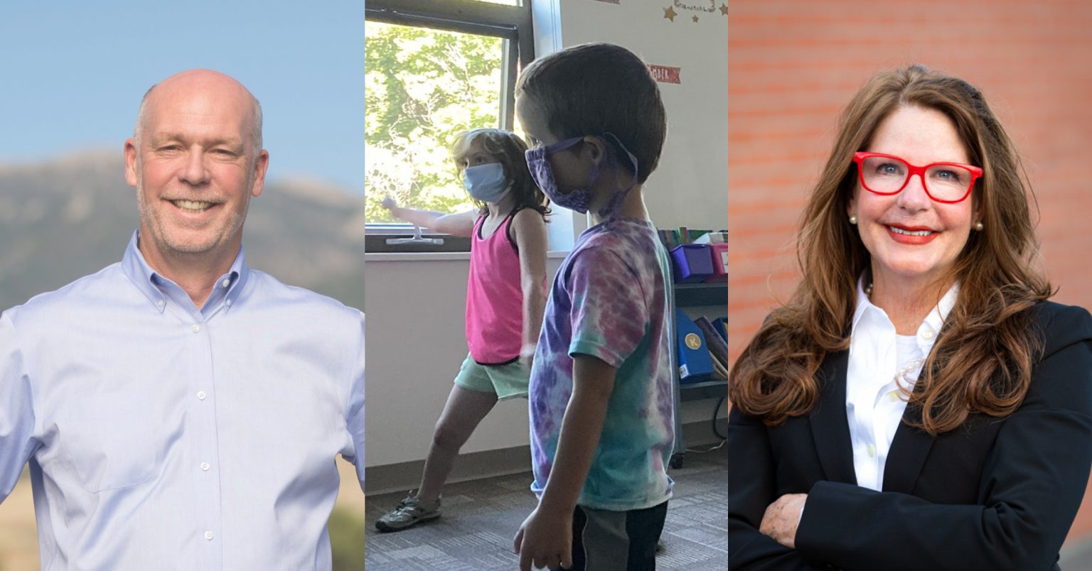 Governor Greg Gianforte (left), Missoula County Public School students (center), Superintendent of Public Instruction Elsie Arntzen (right).