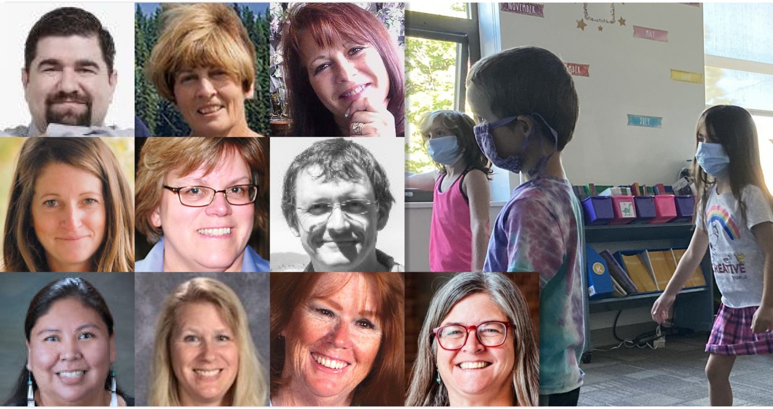 Board of Trustees supporting masks and vaccines (starting from top left) Jeffrey Avgeris, Arlene Walker-Andrews, Vicki McDonald, Nancy Hobbins, Diane Lorenzen,  Koan Mercer, Wilena Old Person, Jennifer Vogel, Ann Wake, Grace Decker.