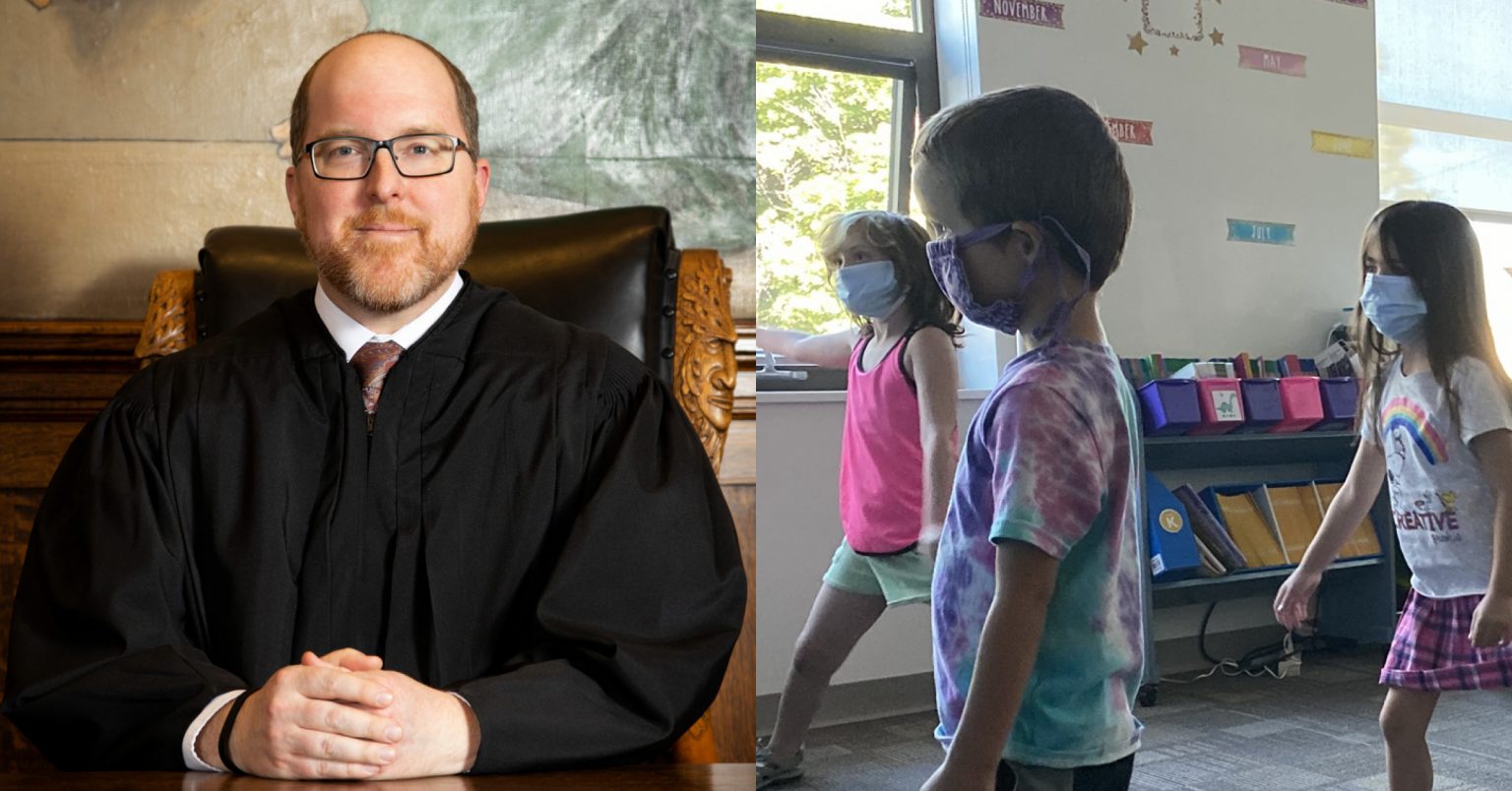 District Court Judge Jason Marks (left). Missoula County Public School students (right).