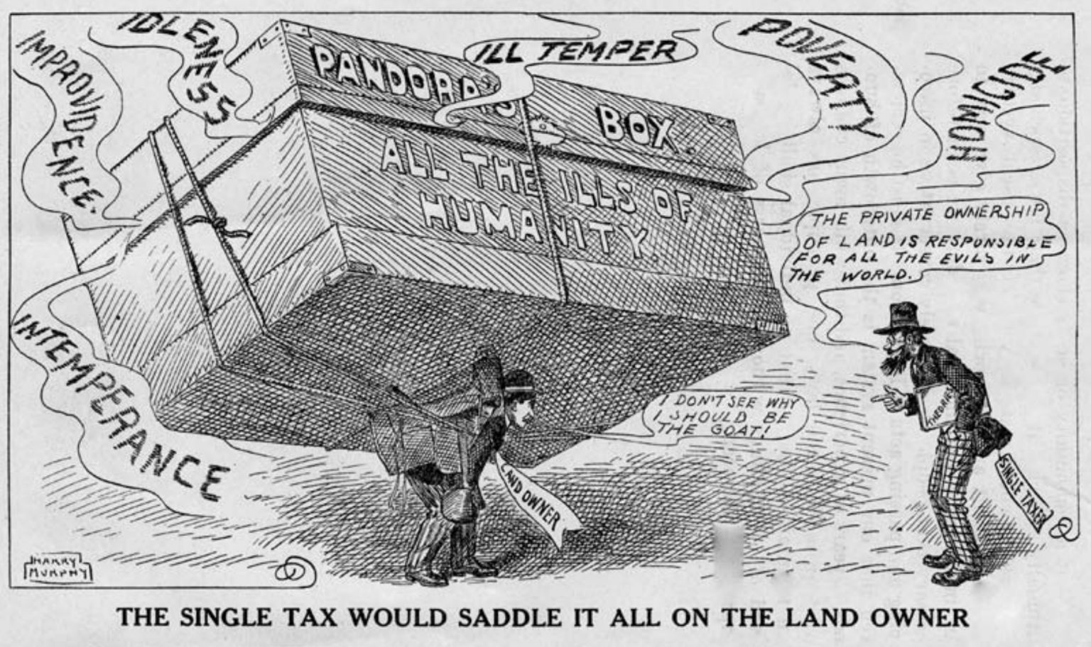 This 1912 political cartoon by Harry Murphy depicts a land owner shouldering the burden of the cost of "all the ills of humanity" including poverty, crime and laziness.