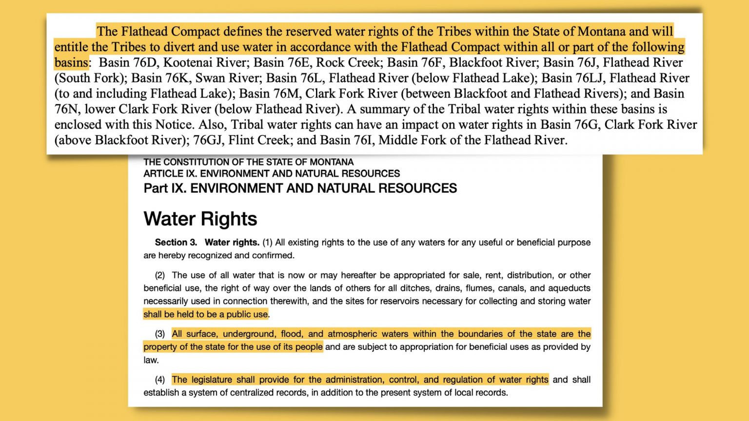 Montana Water Court June 2022 preliminary water compact decree (top). Montana Constitution, Article IX Section 3 (bottom).