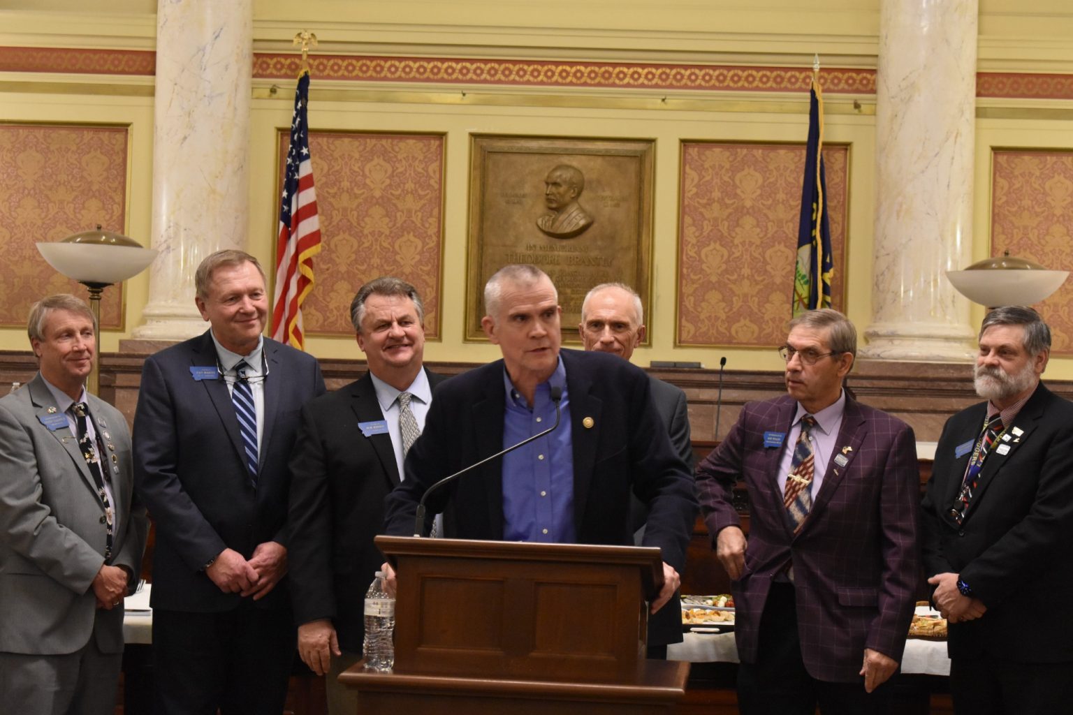 Montana Freedom Caucus members stand behind Congressman Matt Rosendale as he delivers remarks during MTFC "Celebrate Courage" kickoff event. (Photo: Darin Gaub)